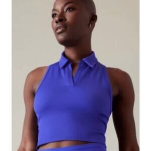 Athleta Aurora Seamless Crop Polo Tank Collared Ribbed Sleeveless Blue Sz L